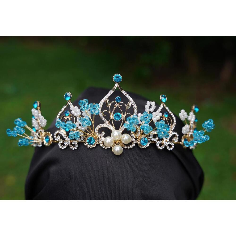 Blue Turquoise Gold Crystal Tiara Silver Bridal Crown Birthday Wedding